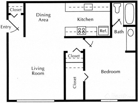 Floor plan for 1 bed, 1 bath, 591 sqft